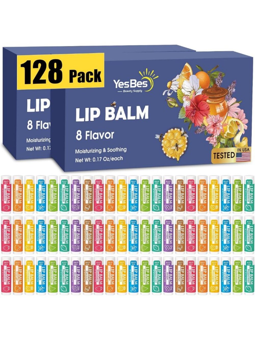 128 Pack Natural Lip Balm Bulk - Moisturizing with Vitamin E & Coconut Oil, 8